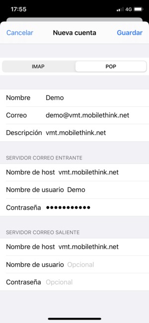 Introduzca la información correo para el SERVIDOR CORREO SALIENTE y seleccione Guardar