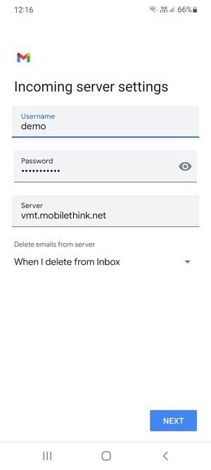 Enter Username and Incoming server address. Select NEXT