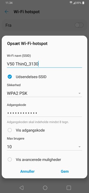 Indtast en Wi-Fi-hotspot adgangskode på minimum 8 tegn og vælg Gem