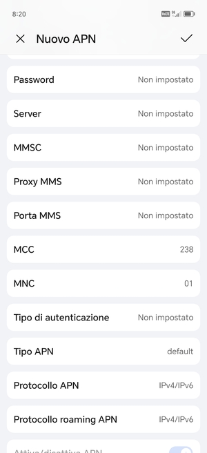 Scorri verso il basso e inserisci le informazioni degli MMS