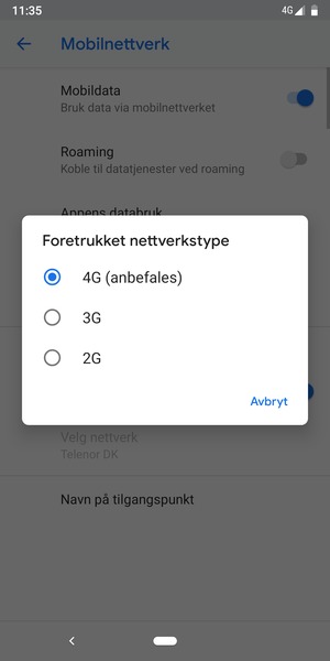 Velg ønsket alternativ