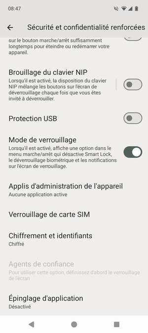 Faites défiler et sélectionnez Verrouilage de  carte SIM