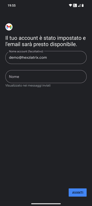 Scegli un nome per il tuo account e inserisci il tuo nome. Seleziona AVANTI