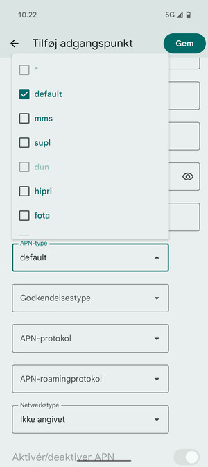 Kontroller at default er valgt