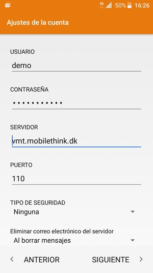 Introduzca Nombre de usuario y la dirección de servidor entrante. Seleccione SIGUIENTE