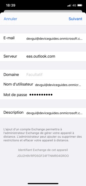 Saisissez vos informations de messagerie Exchange et sélectionnez Suivant