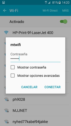 Introduzca la contraseña de Wi-Fi y seleccione CONECTAR