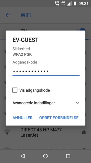Indtast Wi-Fi adgangskoden og vælg OPRET FORBINDELSE
