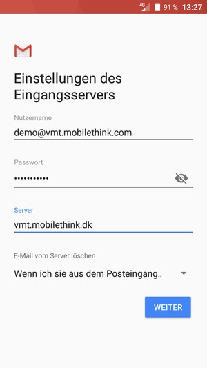 Geben Sie Benutzername und Eingang Server-Adresse ein. Wählen Sie WEITER