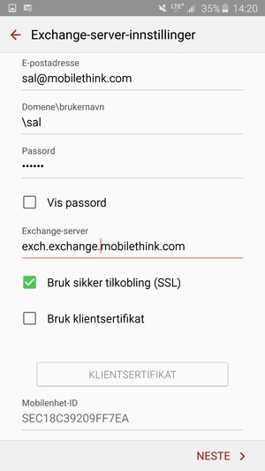 Skriv inn Brukernavn og Exchange serveradresse. Velg NESTE
