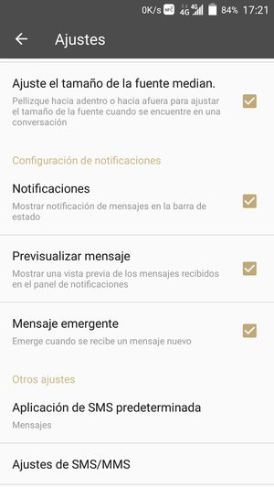 Desplácese y seleccione Ajustes de SMS/MMS / Mensaje de texto (SMS)
