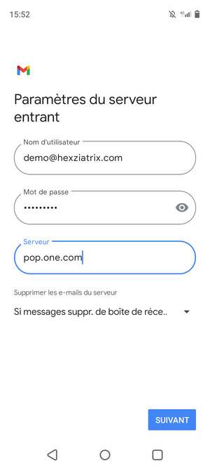 Saisissez votre Nom d'utilisateur et l'adresse du serveur entrant. Sélectionnez SUIVANT