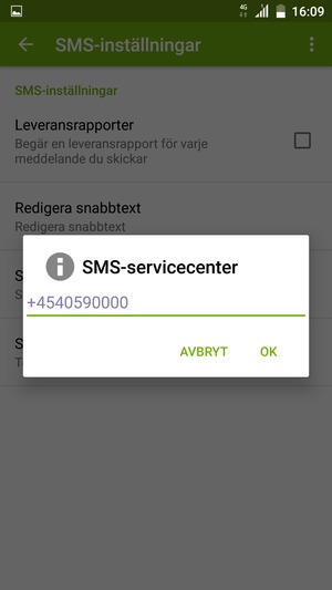 Ange SMS-servicecenter-numret och välj OK