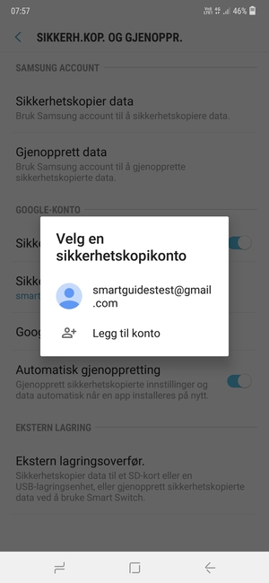 Velg sikkerhetskopi-kontoen din