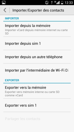 Sélectionnez Importer depuis sim 1/sim 2 / Importer depuis carte SIM