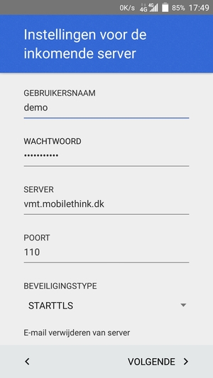 Voer GEBRUIKERSNAAM en binnenkomend serveradres in