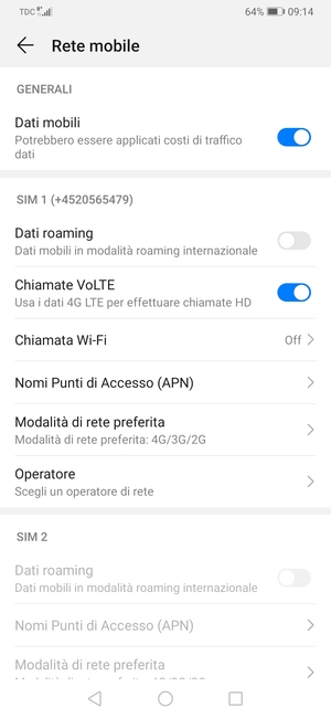 Scorri fino a SIM 1 o SIM 2 e seleziona Nomi Punti di Accesso (APN)