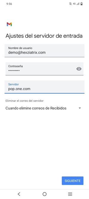 Introduzca Nombre de usuario y la dirección de servidor entrante. Seleccione SIGUIENTE