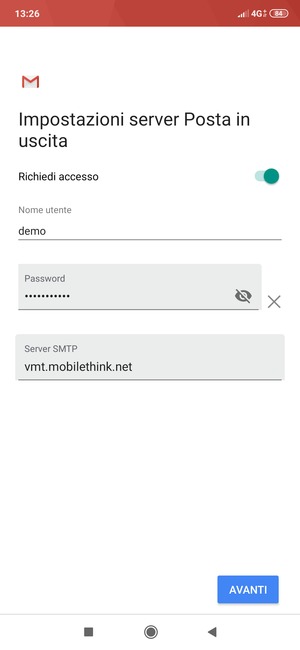 Inserisci l'indirizzo del server di posta in uscita