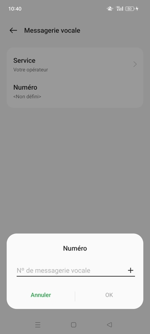 Saisissez le Número messagerie vocale et sélectionnez OK