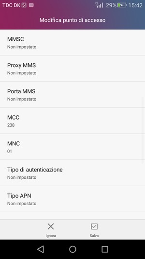 Scorri verso il basso e inserisci le informazioni di internet