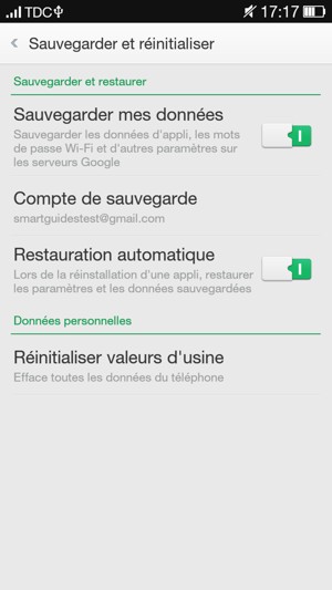 Activez l'Sauvegarder mes données et sélectionnez Compte de sauvegarde