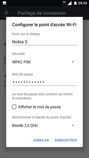 Saisissez un mot de passe de hotspot Wi-Fi d'au moins 8 caractères et sélectionnez ENREGISTRER