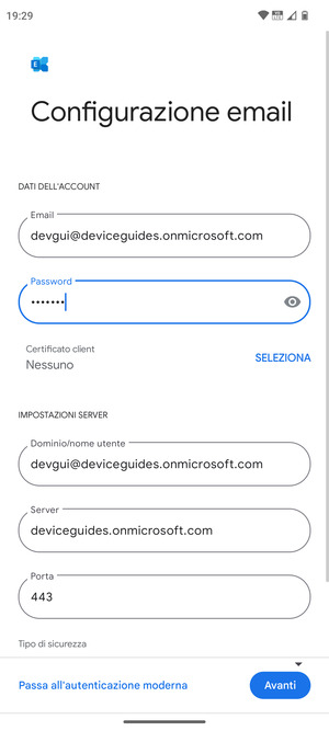 Inserisci Nome utente e l'indirizzo del server Exchange. Seleziona Avanti