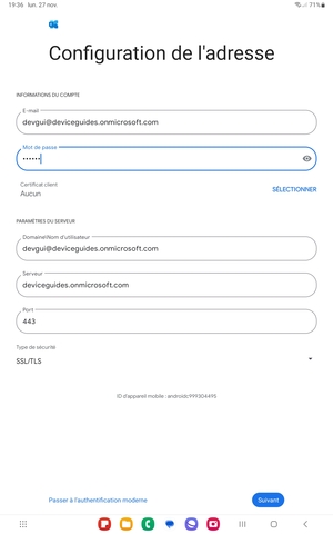 Saisissez votre Nom d'utilisateur et l'adresse du serveur Exchange. Sélectionnez Suivant