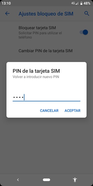 Confirme su nuevo PIN de tarjeta SIM y seleccione ACEPTAR