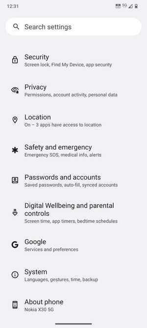 Scroll to and select Passwords and accounts