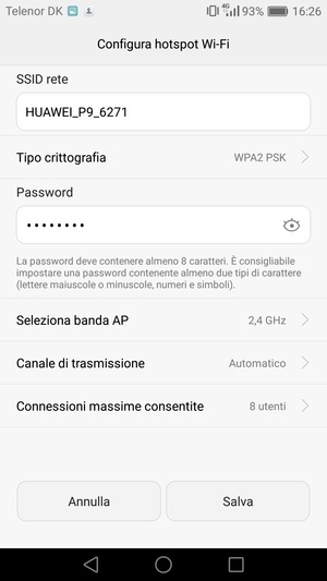 Inserisci una password dell'hotspot Wi-Fi di almeno 8 caratteri e seleziona Salva