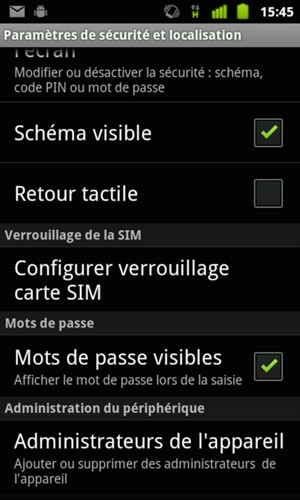 Pour modifier le code PIN de la carte SIM, retournez dans le menu sécurité / Localisation et sécurité et sélectionnez Configurer verrouillage carte SIM