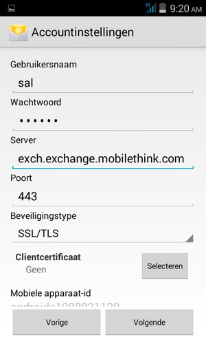Voer Gebruikersnaam en Exchange serveradres in. Selecteer Volgende