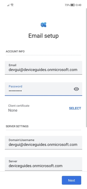 Enter Username and Exchange server address. Select Next