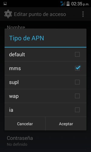 Marque la casilla de verificación mms y seleccione Aceptar