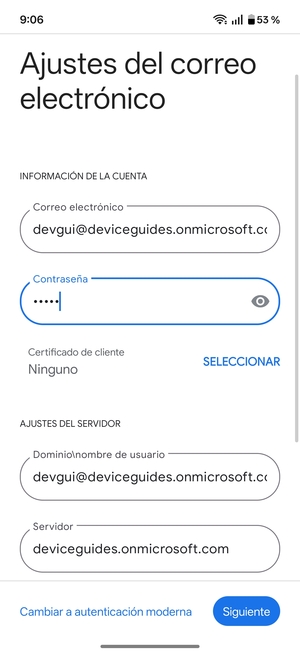 Introduzca Nombre de usuario y la dirección de servidor Exchange. Seleccione Siguiente
