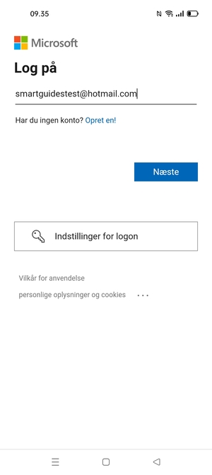 Indtast din e-mailadresse og vælg Næste