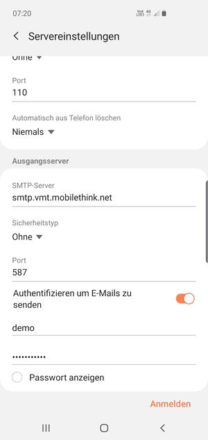 Scrollen Sie nach unten und geben Sie die Server-Adresse für ausgehende Post ein