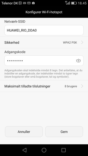 Indtast en Wi-Fi-hotspot adgangskode på minimum 8 tegn og vælg Gem