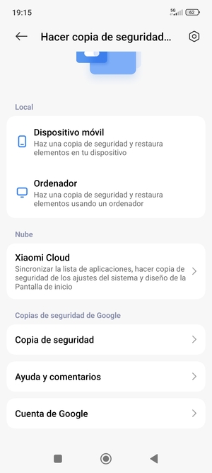 Desplácese y seleccione Copia de seguridad