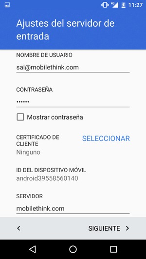 Introduzca Nombre de usuario y la dirección de servidor Exchange. Seleccione SIGUIENTE
