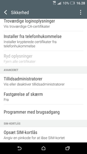 For at ændre PIN-koden til sim-kortet, vend tilbage til menuen Sikkerhed og scroll til og vælg Opsæt SIM-kortlås