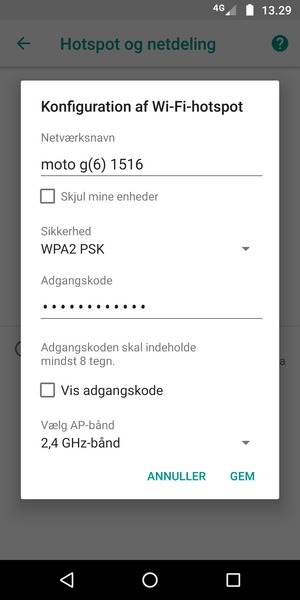 Indtast en Wi-Fi-hotspot adgangskode på minimum 8 tegn og vælg GEM