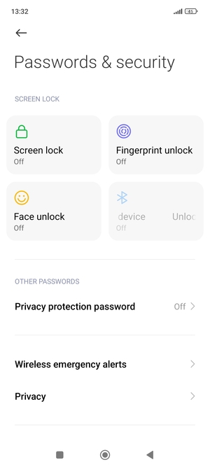 To activate your screen lock, return to the Passwords & security menu and select Screen lock