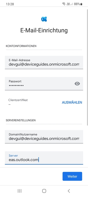 Geben Sie Benutzername und Exchange Server-Adresse ein. Wählen Sie Weiter