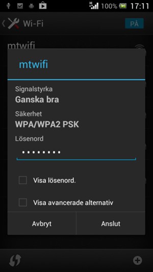 Ange lösenord till Wi-Fi och välj Anslut
