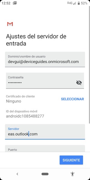 Introduzca Nombre de usuario y la dirección de servidor Exchange. Seleccione SIGUIENTE