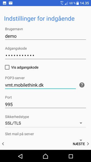 Indtast Brugernavn og Indgående serveradresse
