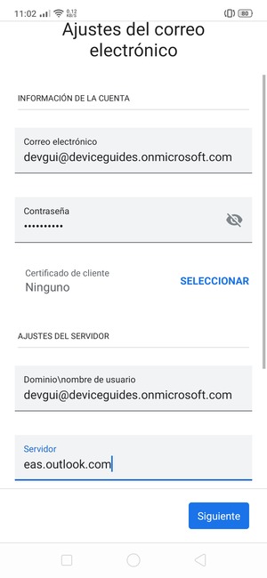 Introduzca Nombre de usuario y la dirección de servidor Exchange. Seleccione Siguiente